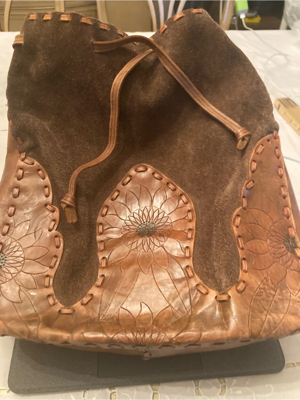 Vintage Hand Tooled Leather Suede Sunflower Drawstring Bucket Bag Boho